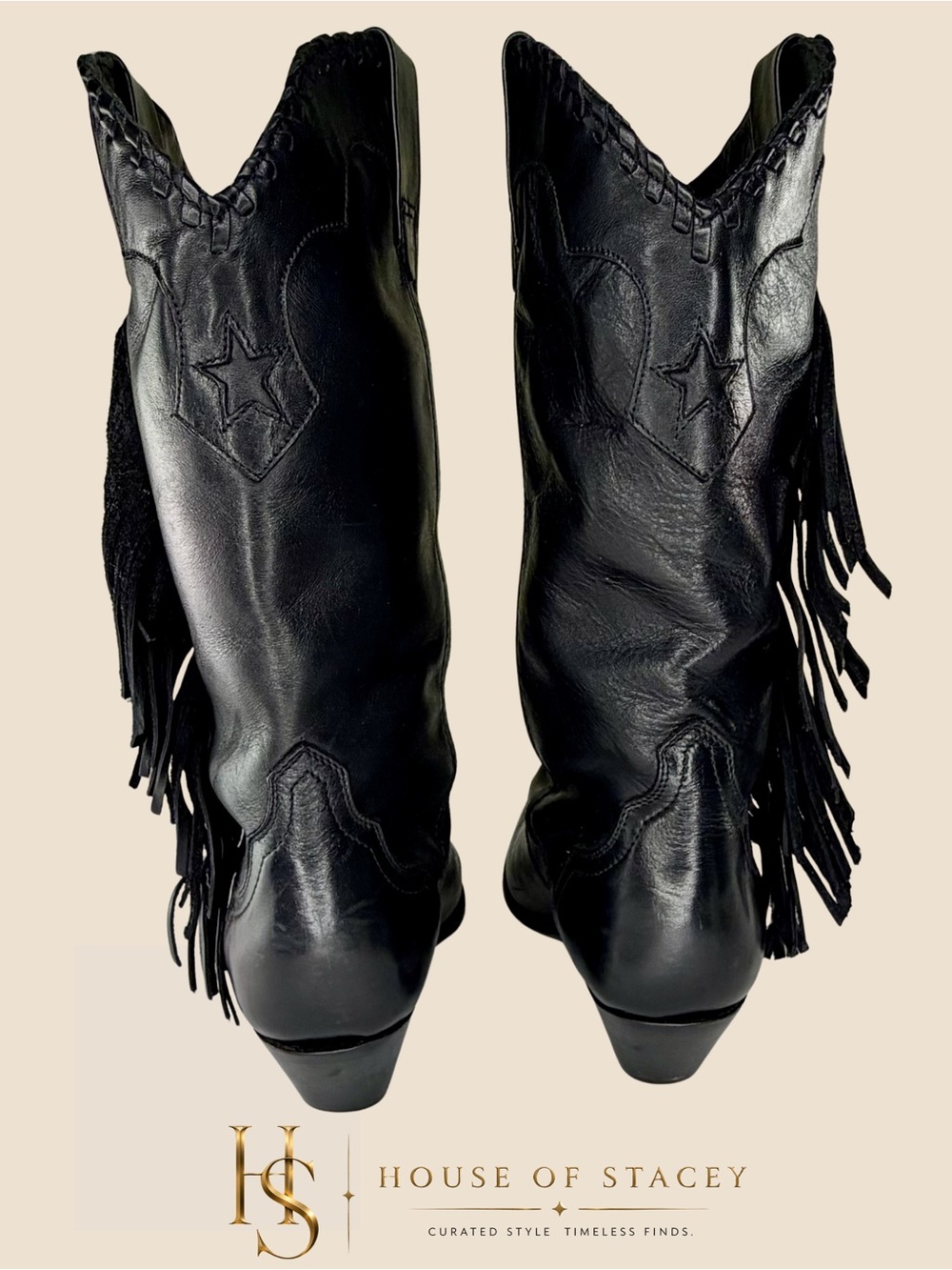 Acme Black Leather Fringe Cowboy Boots Size 7 Western Mid-Calf - Picture 4 of 12